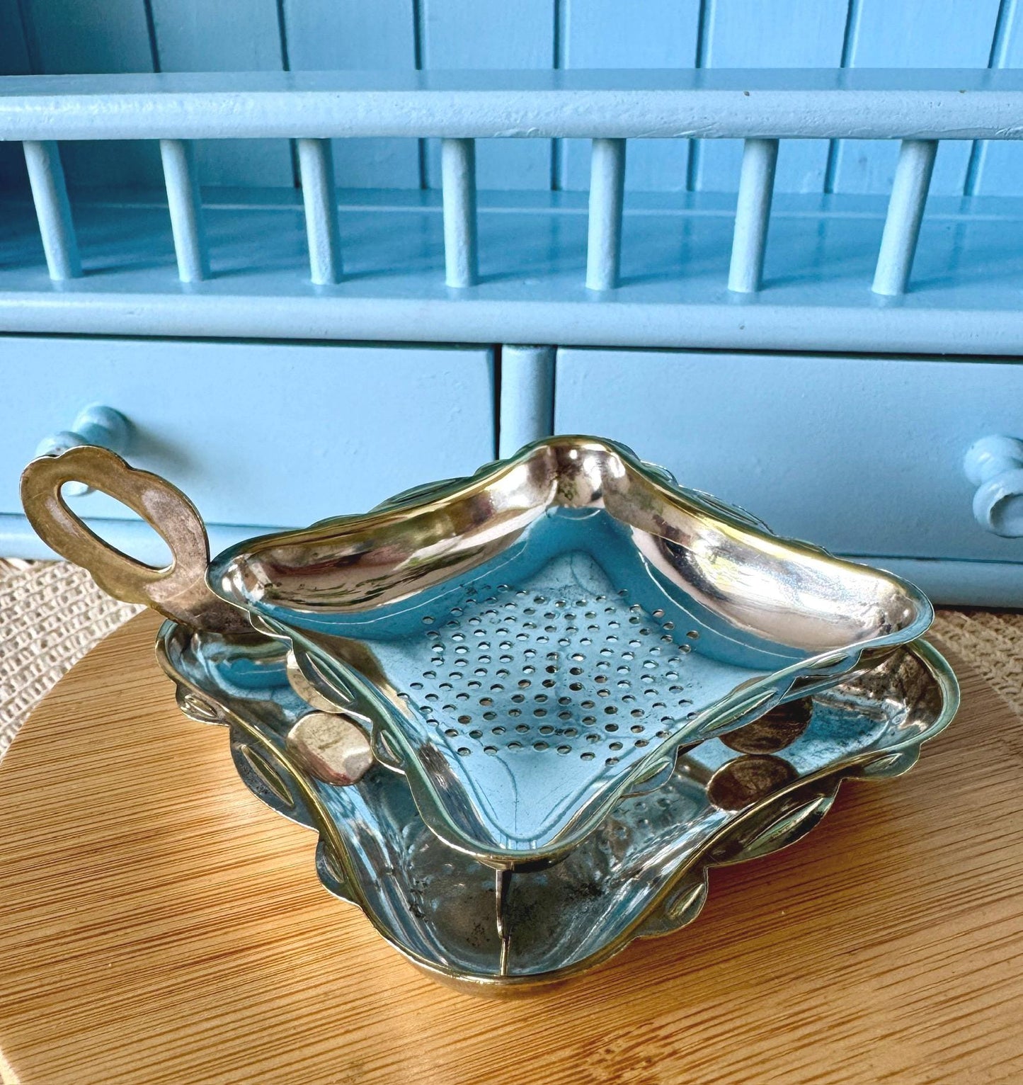 Antique Unmarked Silver Tone Tea Strainer Set