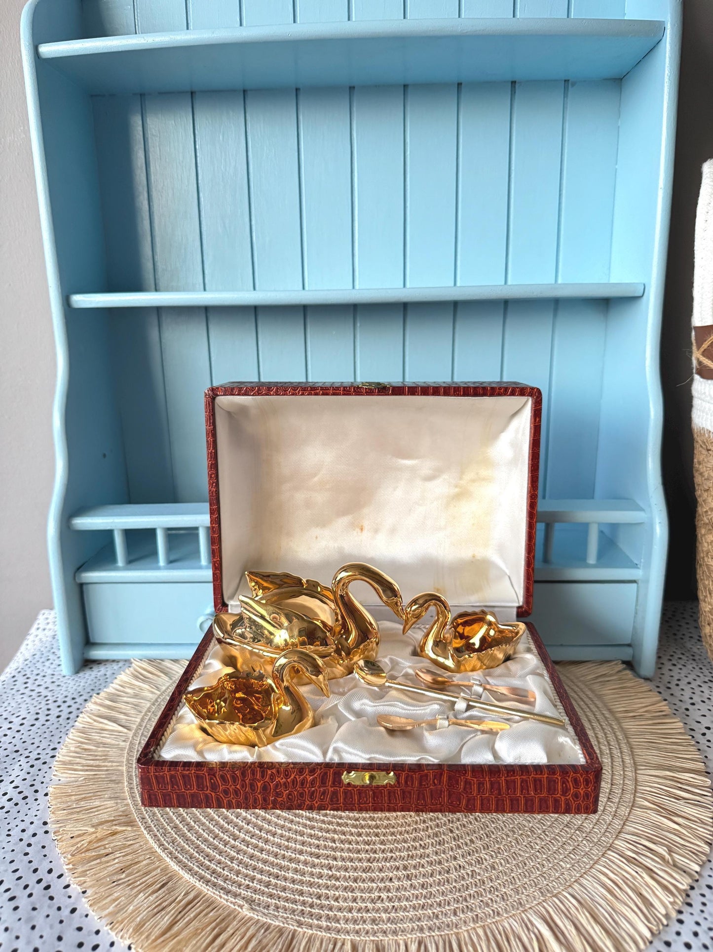 Rare Montigny & Cie French Gold Plated Swan Condiment Set -
