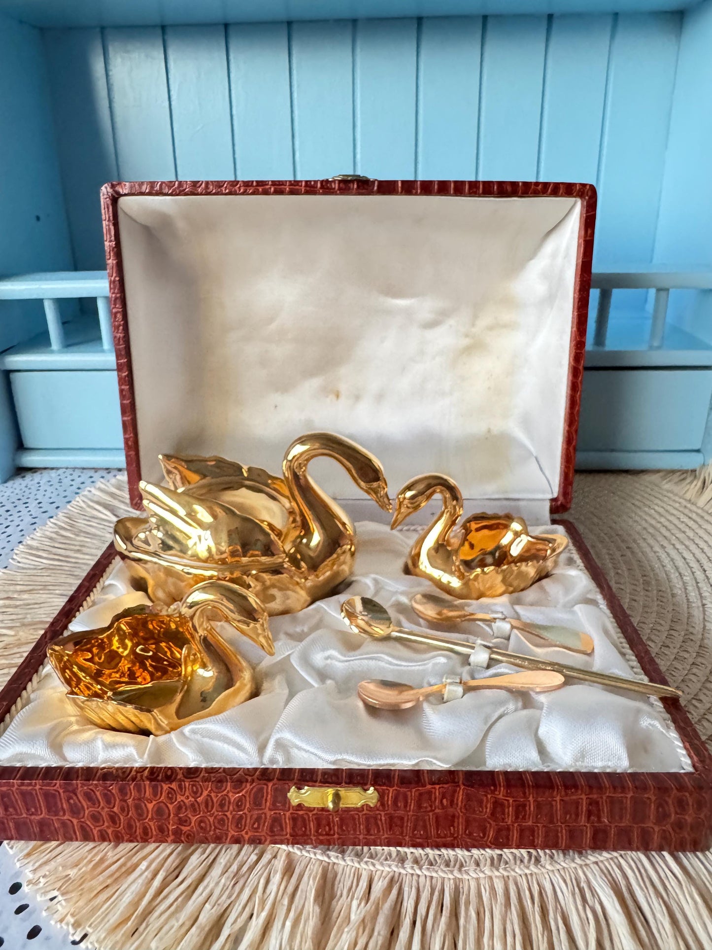 Rare Montigny & Cie French Gold Plated Swan Condiment Set -